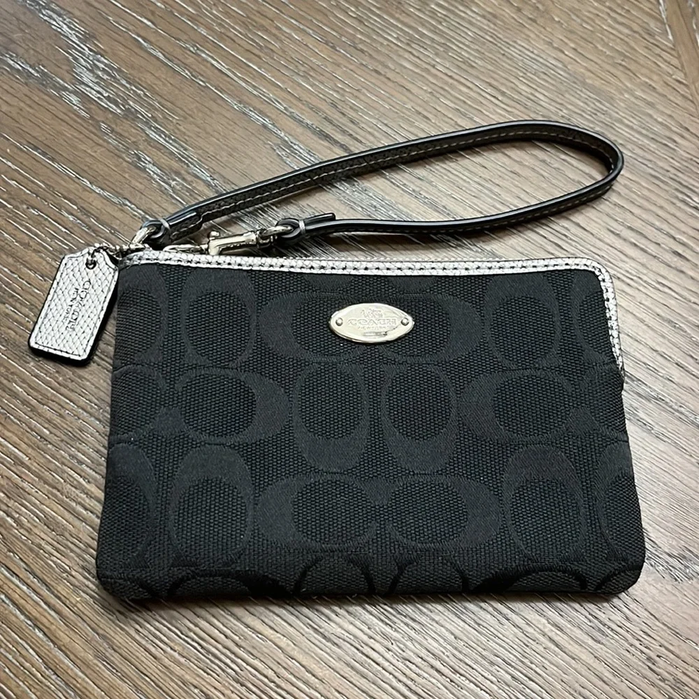 Coach black signature silver metallic leather edge wristlet